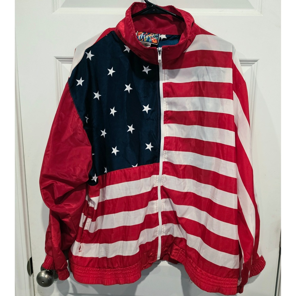 Argee Sports Windbreaker Mens XL Red White Blue Polyester Vintage USA Flag Flaw